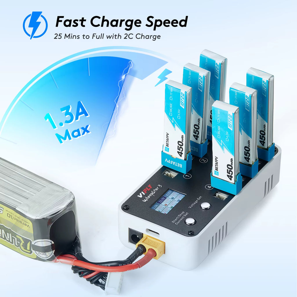 VIFLY WhoopStor V3 6-Port 1S LiPo/LiHV Battery Charger & Discharger BT2.0 PH2.0 with Storage Mode